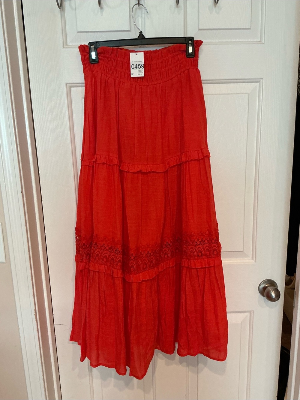 Cato Red Tiered Maxi Skirt with Embroidered Trim